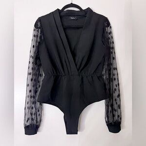 Boohoo Black Plunge Sheer Mesh Polka Dot Lantern Sleeve Bodysuit Blouse